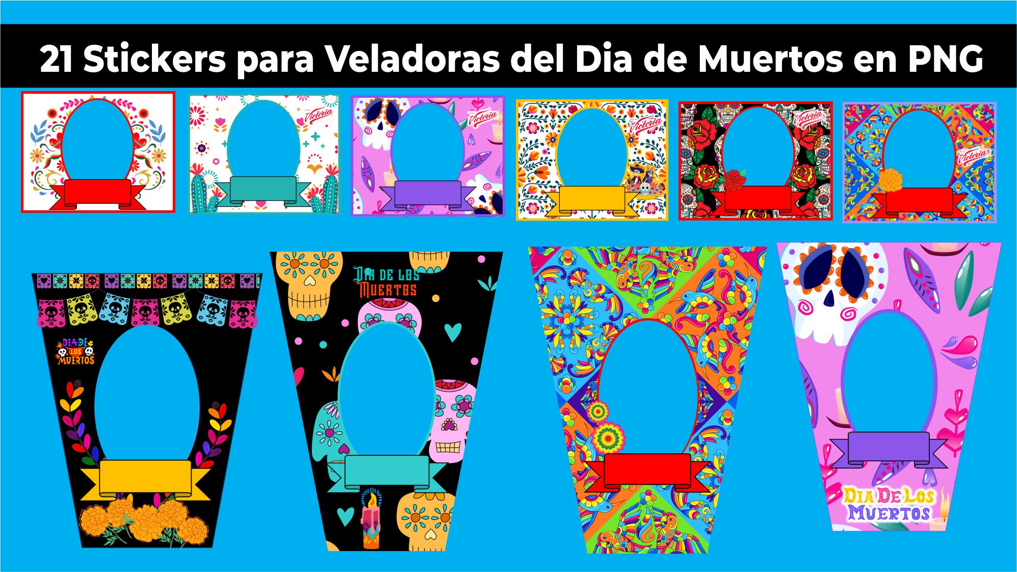 21 Stickers para Veladoras del Dia de Muertos en PNG